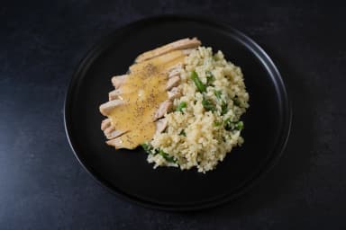 Pork in pineapple sauce with rice & green beans