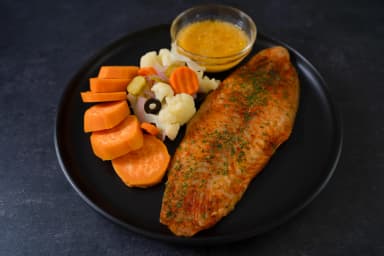 Swai with sweet potato and cauliflower salad