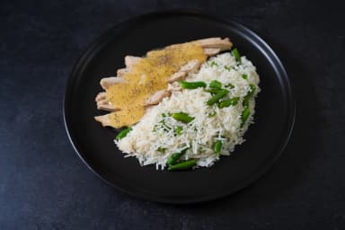 Pork in pineapple sauce with rice & green beans