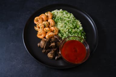 Shrimp cocktail, cauliflower rice with spinach and garlic mushrooms