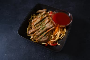 Salt and pepper pork with special noodles