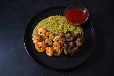 Shrimp cocktail, spinach rice and garlic mushrooms